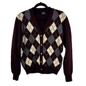 Gant Wool Diamond Argyle V-Neck Prep School Burgundy Sweater Women's Size M
